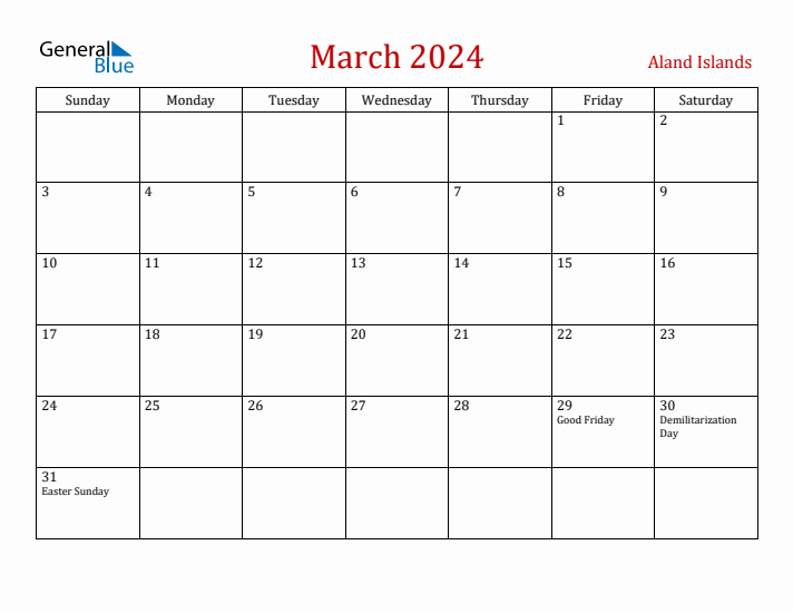 Aland Islands March 2024 Calendar - Sunday Start