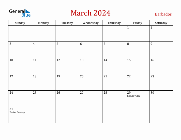 March 2024 Monthly Calendar with Barbados Holidays