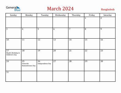 Current month calendar with Bangladesh holidays for March 2024