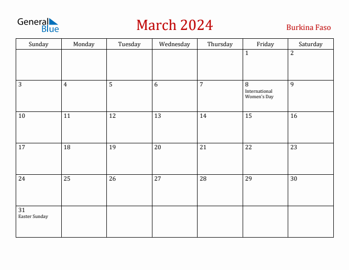 Burkina Faso March 2024 Calendar - Sunday Start