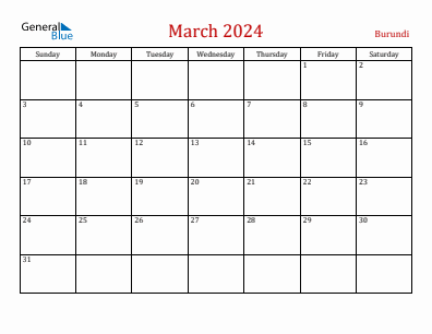 Current month calendar with Burundi holidays for March 2024