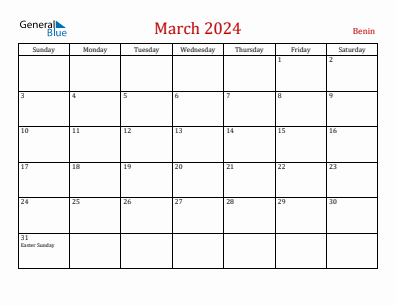 Current month calendar with Benin holidays for March 2024