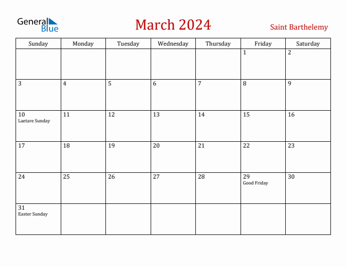 Saint Barthelemy March 2024 Calendar - Sunday Start