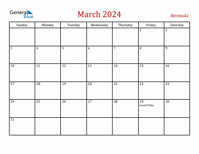 Current month calendar with Bermuda holidays for March 2024