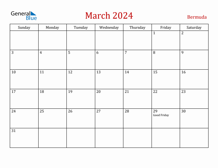 March 2024 Monthly Calendar with Bermuda Holidays
