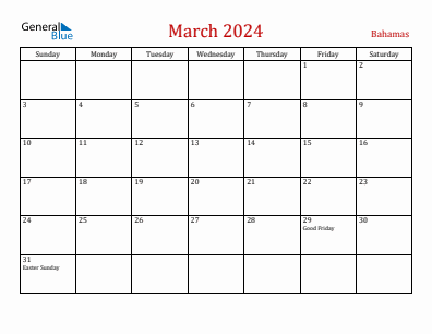 Current month calendar with Bahamas holidays for March 2024