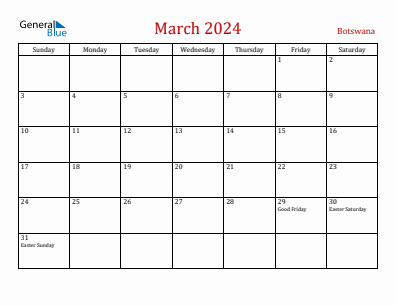 Current month calendar with Botswana holidays for March 2024