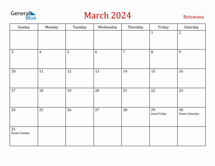Botswana March 2024 Calendar - Sunday Start