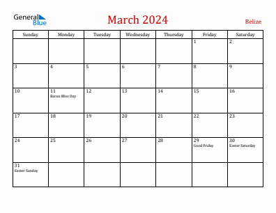 Current month calendar with Belize holidays for March 2024
