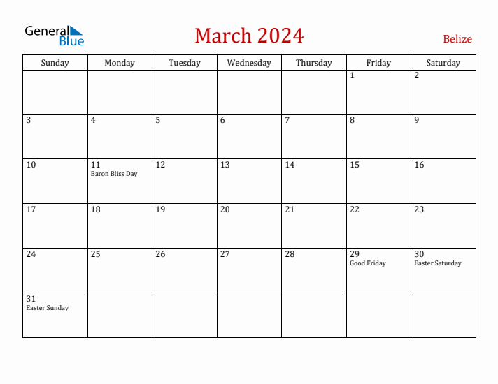 Belize March 2024 Calendar - Sunday Start