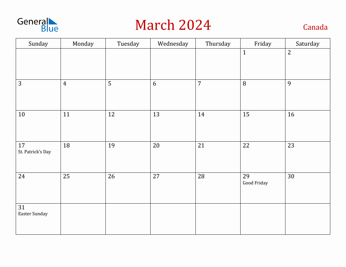 March 2024 Canada Monthly Calendar with Holidays