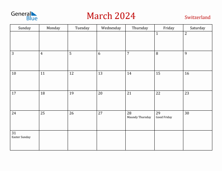Switzerland March 2024 Calendar - Sunday Start