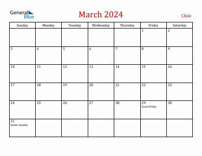 Current month calendar with Chile holidays for March 2024