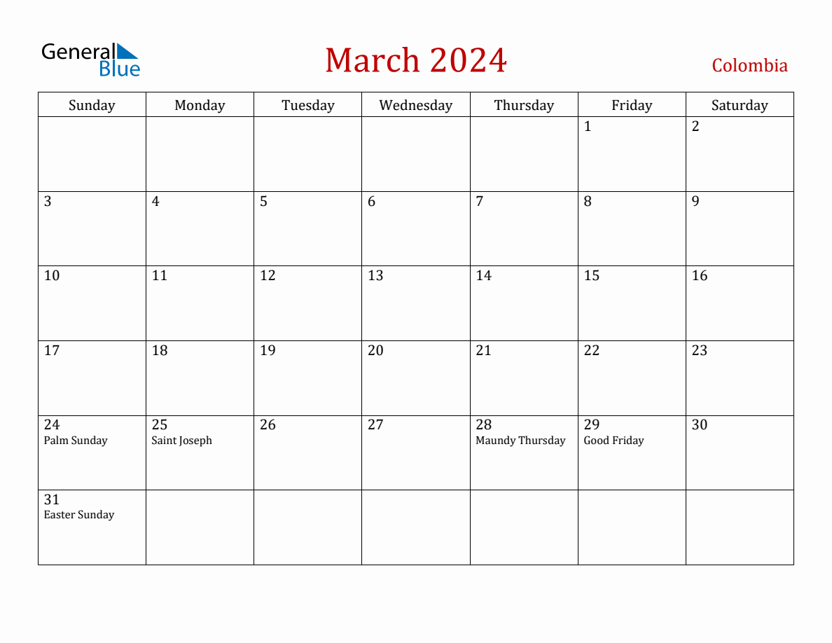 March 2024 Colombia Monthly Calendar with Holidays