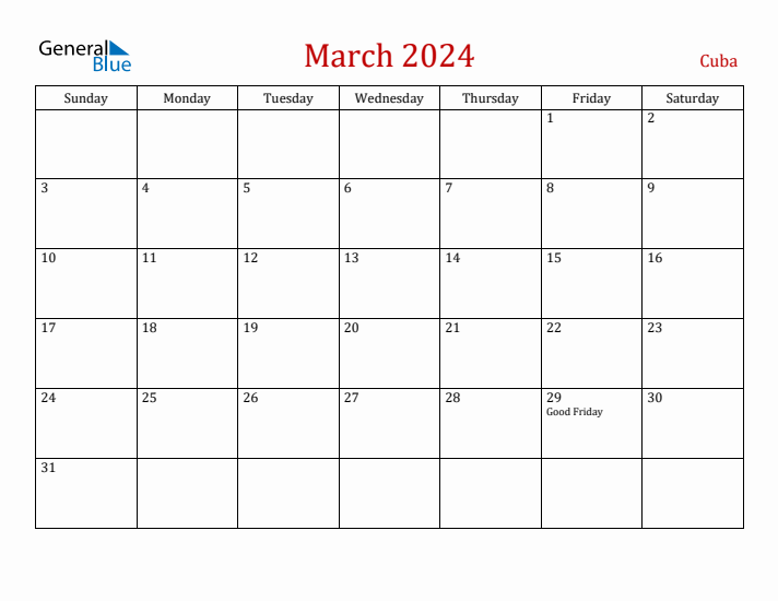 Cuba March 2024 Calendar - Sunday Start