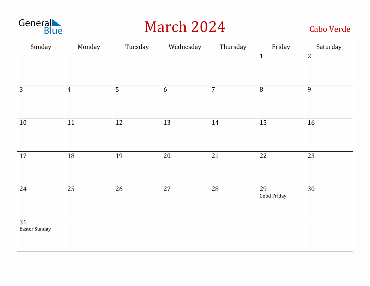 March 2024 Cabo Verde Monthly Calendar with Holidays