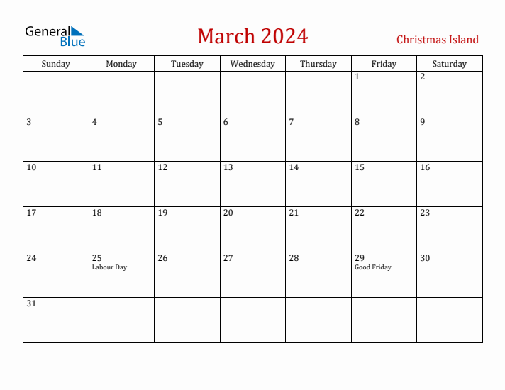 Christmas Island March 2024 Calendar - Sunday Start