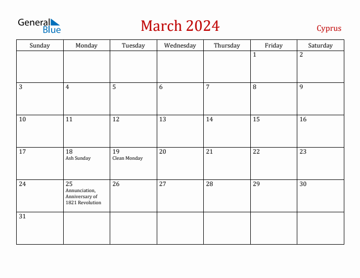 Cyprus March 2024 Calendar - Sunday Start