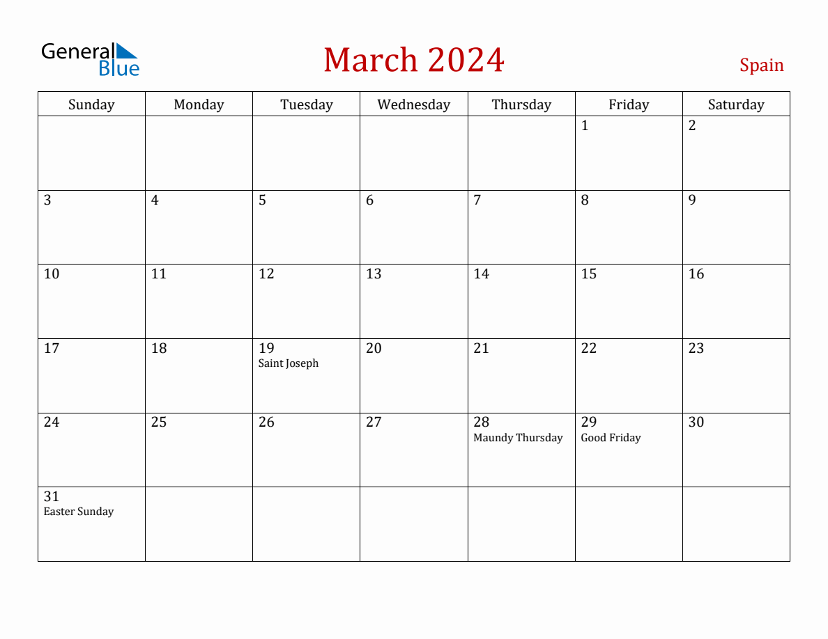 March 2024 Spain Monthly Calendar with Holidays