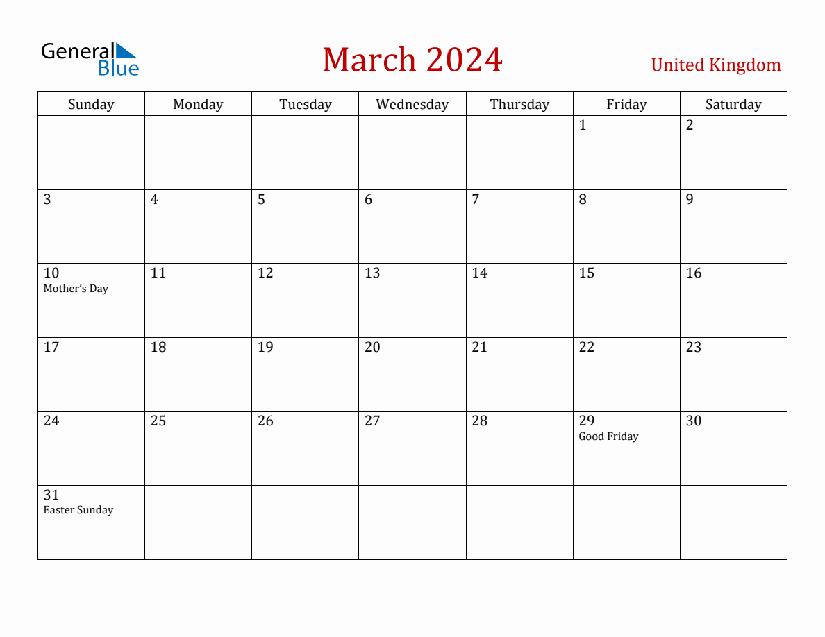 March 2024 United Kingdom Monthly Calendar with Holidays