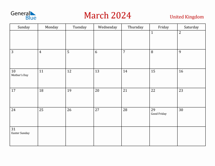 United Kingdom March 2024 Calendar - Sunday Start