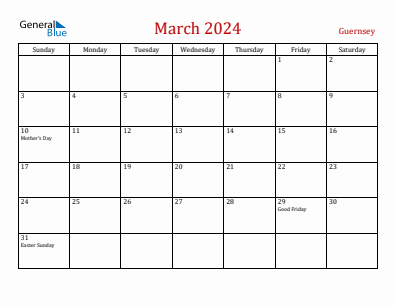 Current month calendar with Guernsey holidays for March 2024