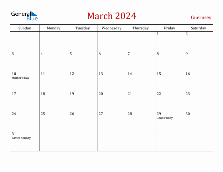 Guernsey March 2024 Calendar - Sunday Start