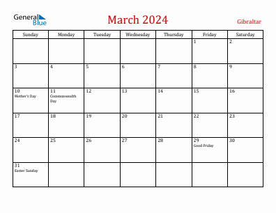 Current month calendar with Gibraltar holidays for March 2024
