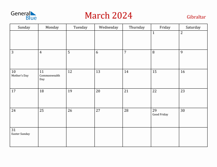 Gibraltar March 2024 Calendar - Sunday Start