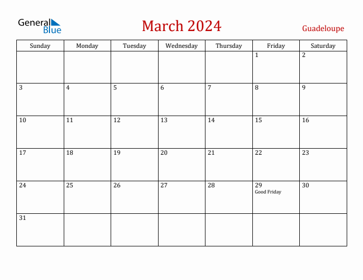 Guadeloupe March 2024 Calendar - Sunday Start