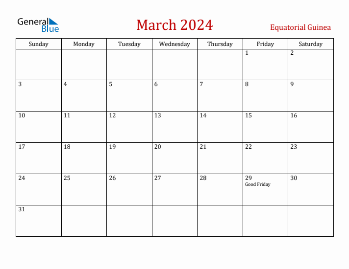 Equatorial Guinea March 2024 Calendar - Sunday Start