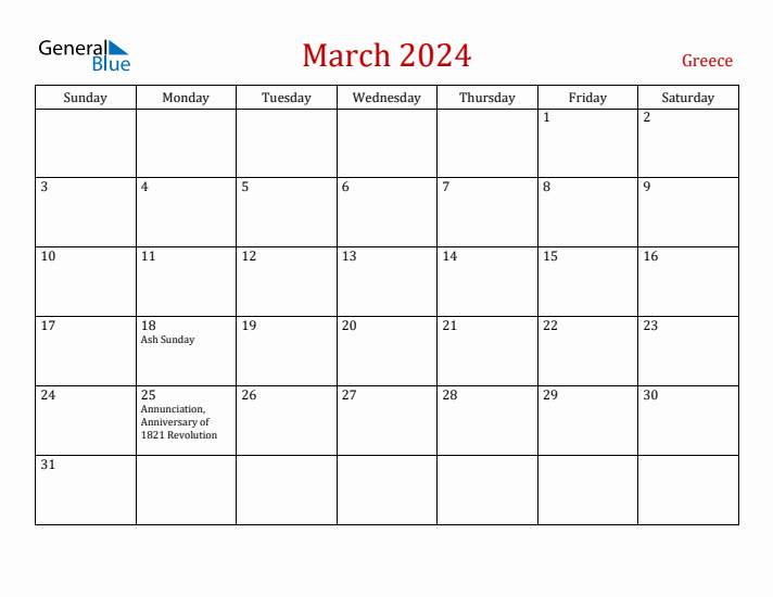 Greece March 2024 Calendar - Sunday Start