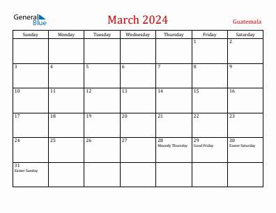 Current month calendar with Guatemala holidays for March 2024