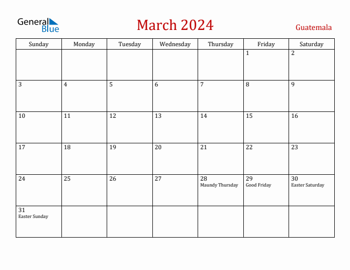 Guatemala March 2024 Calendar - Sunday Start