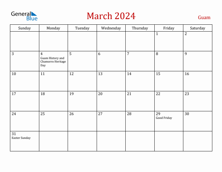 Guam March 2024 Calendar - Sunday Start