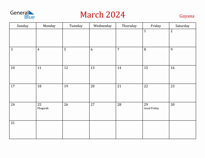 Guyana March 2024 Calendar - Sunday Start