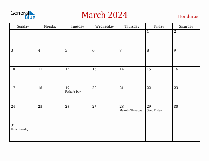 Honduras March 2024 Calendar - Sunday Start