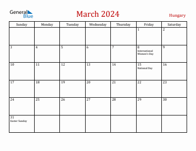 Current month calendar with Hungary holidays for March 2024