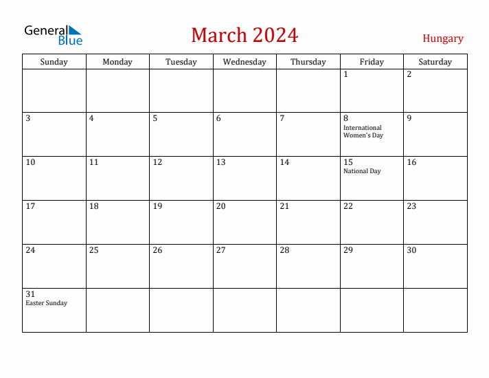 Hungary March 2024 Calendar - Sunday Start