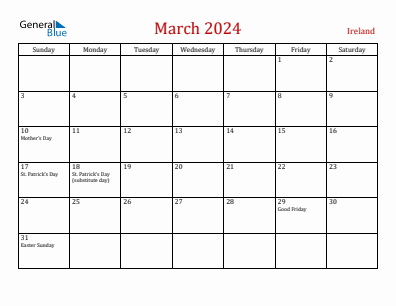 Current month calendar with Ireland holidays for March 2024