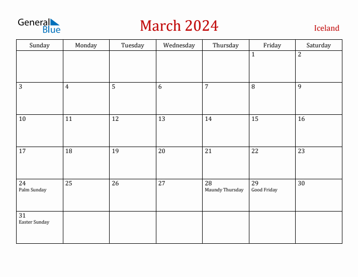 Iceland March 2024 Calendar - Sunday Start