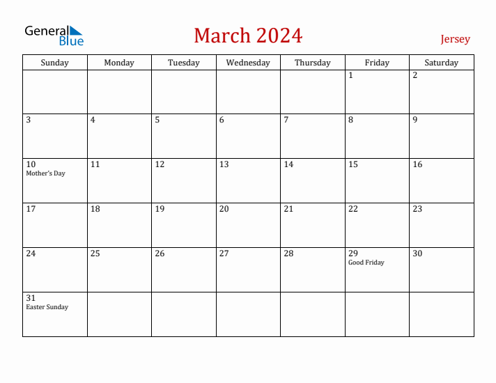 Jersey March 2024 Calendar - Sunday Start