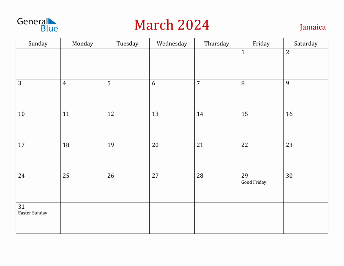 March 2024 Jamaica Monthly Calendar with Holidays