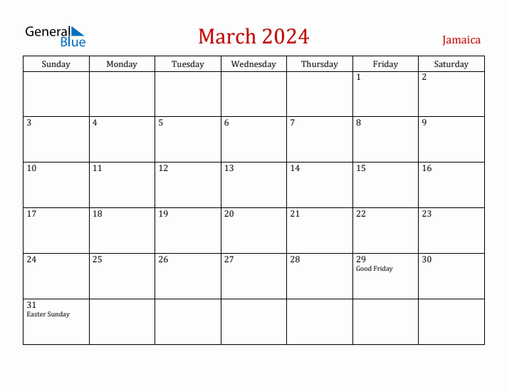 March 2024 Jamaica Monthly Calendar with Holidays