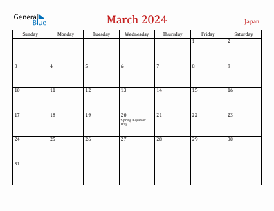 Current month calendar with Japan holidays for March 2024