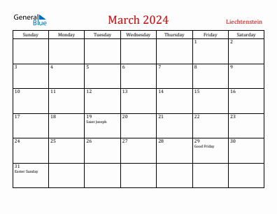 Current month calendar with Liechtenstein holidays for March 2024