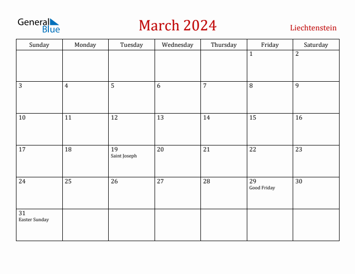 Liechtenstein March 2024 Calendar - Sunday Start