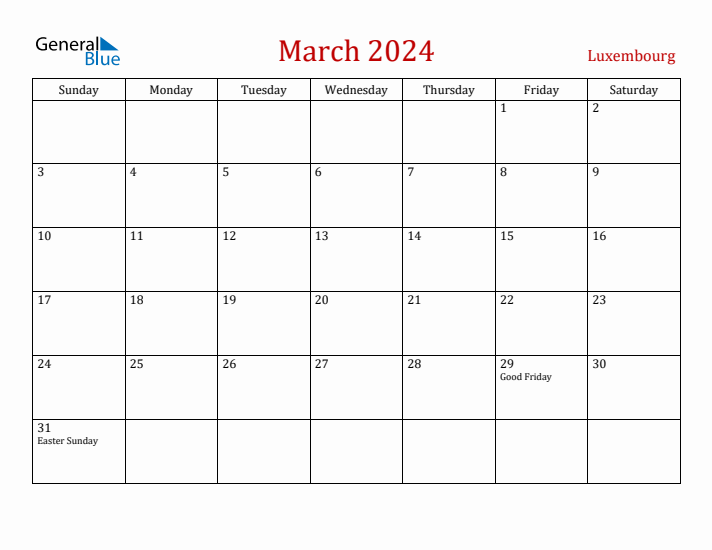 Luxembourg March 2024 Calendar - Sunday Start