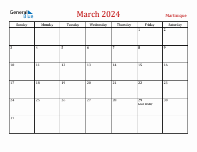 Current month calendar with Martinique holidays for March 2024