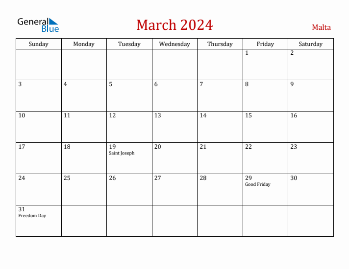 Malta March 2024 Calendar - Sunday Start